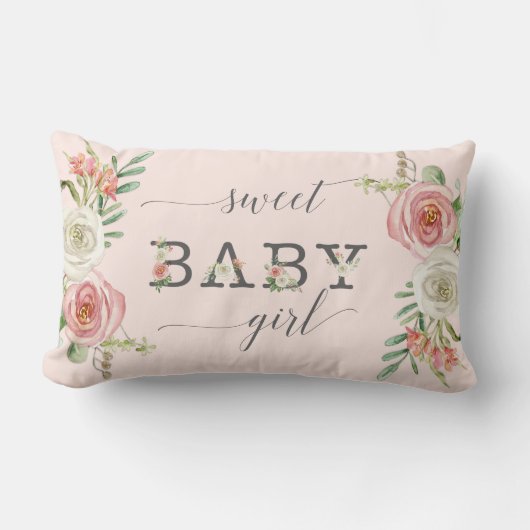Coussin Rectangle Douce Petite Fille | Aquarelle Fleurs Roses et Bla (Recto)