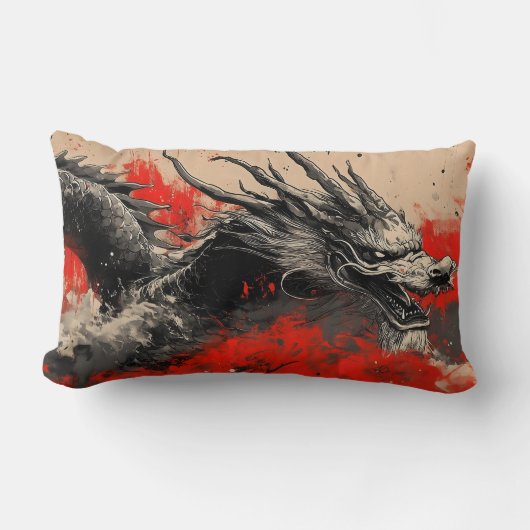 Coussin Rectangle Dragon chinois majestueux avec plaque d'encre roug (Recto)