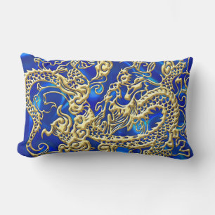 Coussin Rectangle Dragon d'or embouti sur papier satin bleu