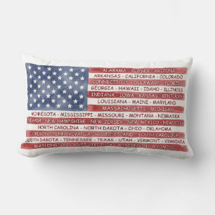 Coussin Rectangle Drapeau américain Noms des 50 États Aquarelle Patr