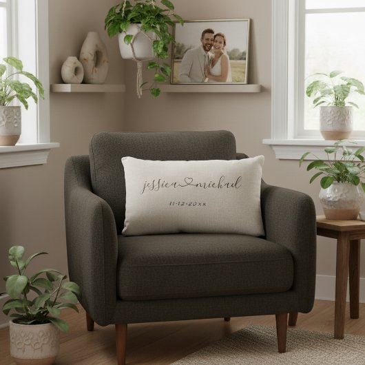 Coussin Rectangle Écriture Cursive Rustique Noms Date de Mariage Bru