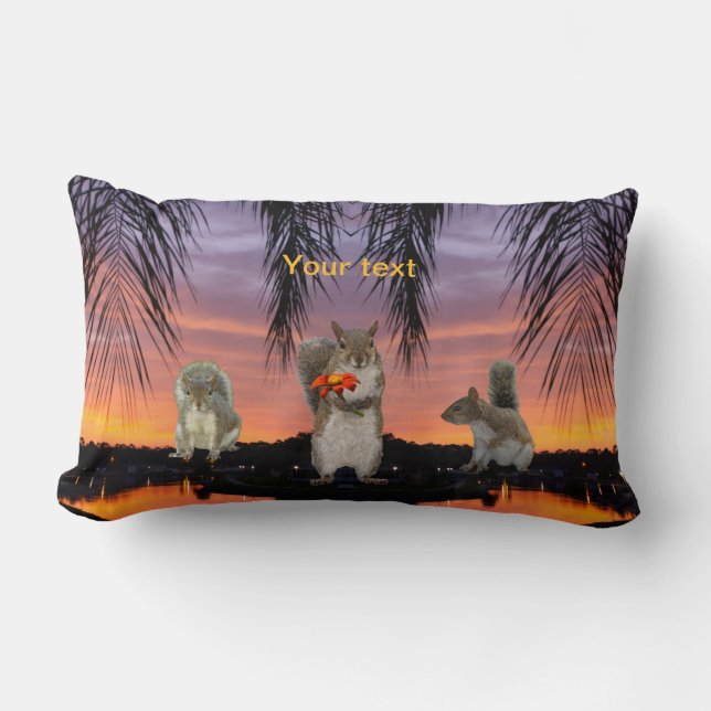 Coussin Rectangle Écureuils mignons au coucher du soleil tropical (Recto)