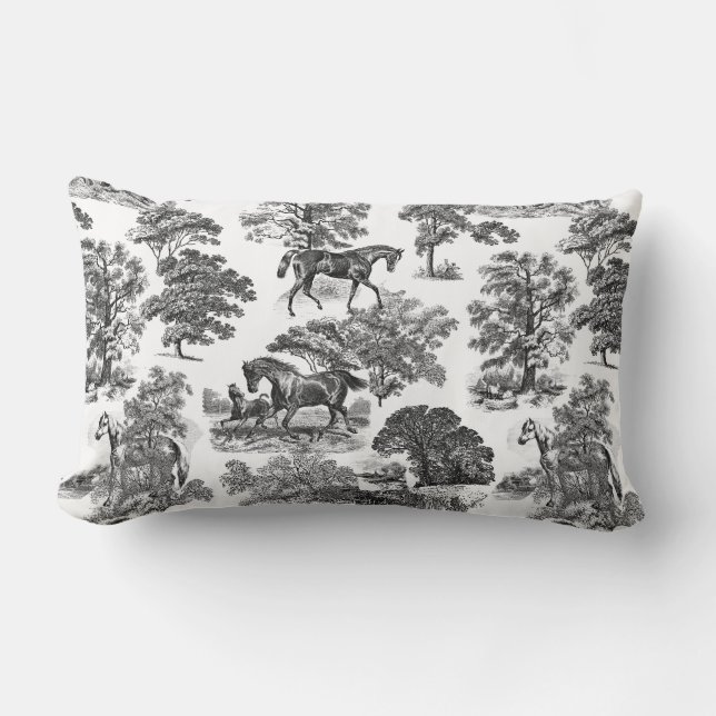 Coussin Rectangle Elégant Black White Rustic Horses Toile (Recto)