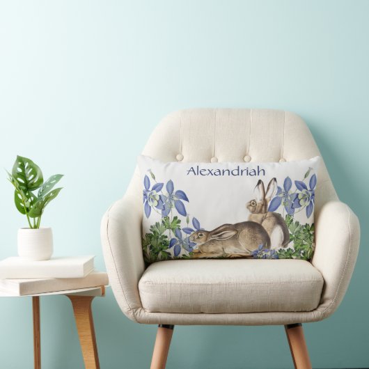 Coussin Rectangle Elégant bleu Floral Rabbit Aquarelle Mignonne Lapi (Chaise)