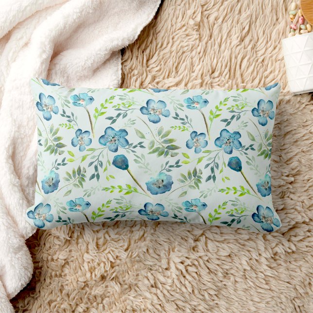 Coussin Rectangle Elégant bleu vert aquarelle motif floral (Elegant Boho Blue Green Watercolor Flowers Lumbar Pillow from Studio Posies. )