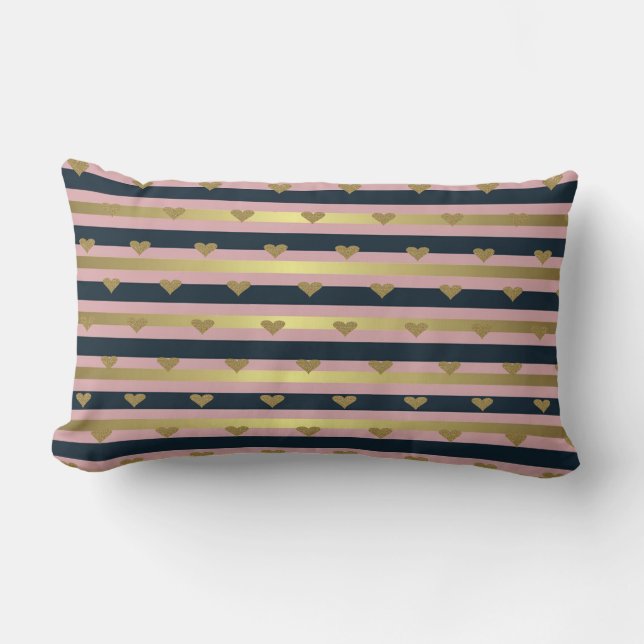 Coussin Rectangle Élégant Chic  Cœurs Pailletés Faux Or Sur Rayures (Recto)
