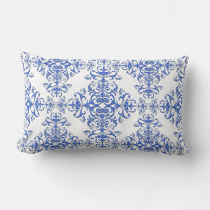 Coussin Rectangle Elégant Cobalt bleu et blanc Floral Style Damask