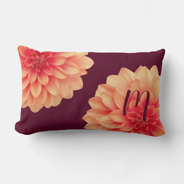 Coussin Rectangle Élégant Dahlias Orange Fleurs Bourgogne Monogramme (Recto)