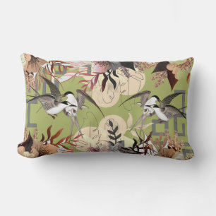 Coussin Rectangle Élégant floral, oiseaux Géométrie sur vert olive