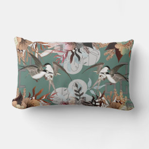 Coussin Rectangle Élégant floral, oiseaux Géométrie sur vert/Turquoi
