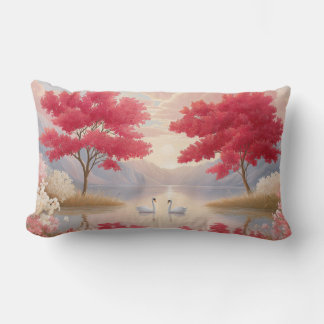 Coussin Rectangle Élégant Lac des Cygnes Romantique aux Arbres en Fl