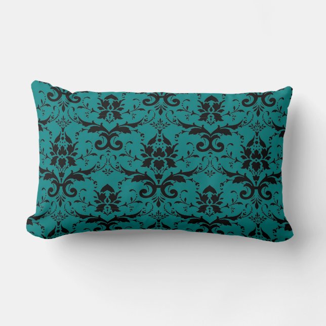 Coussin Rectangle Elégant modèle Turquoise et noir Damask (Recto)