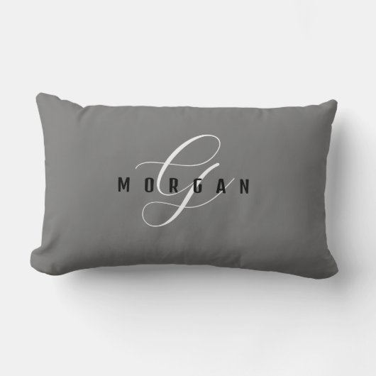 Coussin Rectangle Élégant Monogramme blanc et nom noir, gris L (Recto)