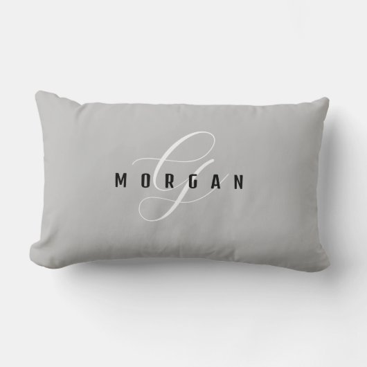 Coussin Rectangle Élégant Monogramme blanc et nom noir Lt Grey (Recto)