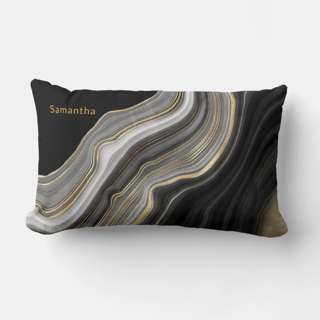 Coussin Rectangle Élégant Monogramme Noir Or et Gris Agate (Recto)