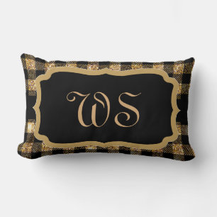 Coussin Rectangle Élégant or Noir Plaid Motif Chic Monogramme