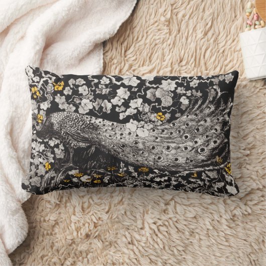 Coussin Rectangle Elégant Peacock Black Yellow Bird Art | (Couverture)