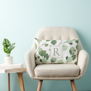 Coussin Rectangle Élégant Sage Green Monogram Feuilles