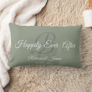 Coussin Rectangle Élégant Sage Vert Monogramme Heureux Jamais Après