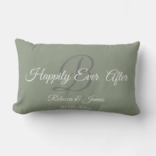 Coussin Rectangle Élégant Sage Vert Monogramme Heureux Jamais Après (Recto)