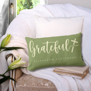 Coussin Rectangle Élégant Script Vert de mousse Crème Grateful