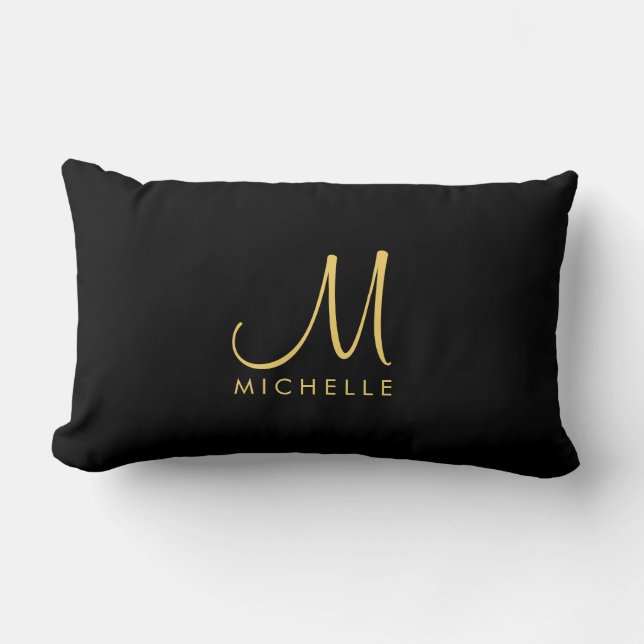 Coussin Rectangle Élégante calligraphie noir et or Nom du monogramme (Recto)