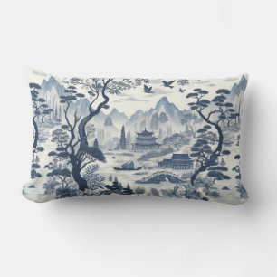 Coussin Rectangle Elégante Chinoiserie Pagode Bleu & Blanc Pittoresq