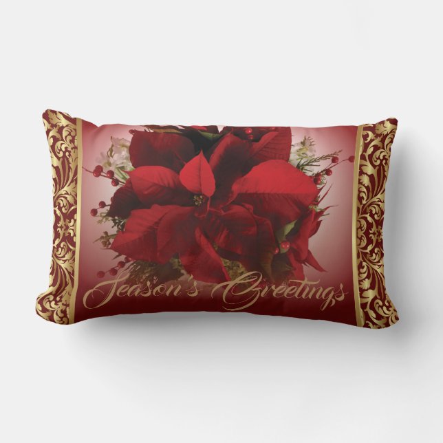 Coussin Rectangle Elégante Poinsettia de Noël Rouge & Or (Recto)