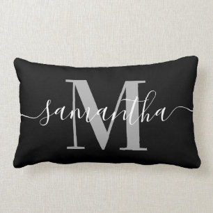 Coussin Rectangle Élégante Signature Gris Moderne Monogramme Noir