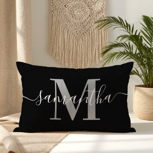 Coussin Rectangle Élégante Signature Grise Moderne Monogramme Noir