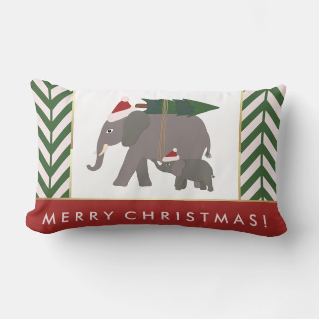 Coussin Rectangle Éléphants de Noël avec Casquettes, Arbre et Chevro (Recto)