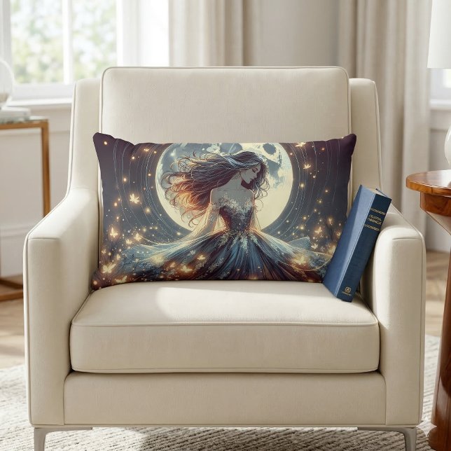 Coussin Rectangle Enchanteresse Papillon au Clair de Lune Fantastiqu (Moonlit Butterfly Enchantress Fantasy Lumbar Pillow Mockup  A)
