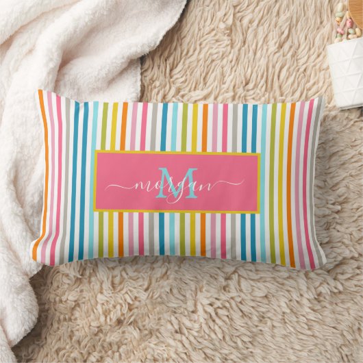 Coussin Rectangle Été Arc en ciel rayures Monogramme Script (Couverture)