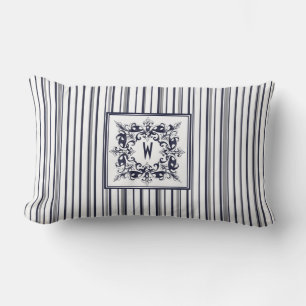 Coussin Rectangle Étiquette Vintage et monogramme de la bande bleue