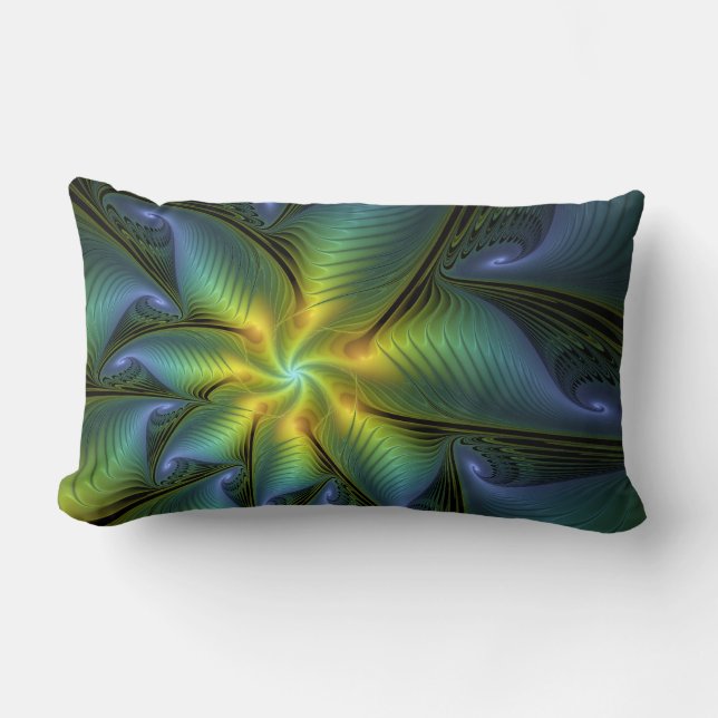 Coussin Rectangle Etoile Abstraite, Bleu brillant Vert Or Fractal Ar (Recto)