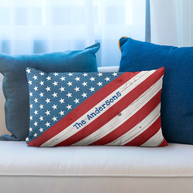 Coussin Rectangle Étoiles Bandes USA Drapeau Américain Rustique Nom  (Créateur téléchargé)