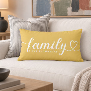 Coussin Rectangle Famille Monogramme en écriture cursive cœur jaune