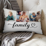 Coussin Rectangle Family Love Black Script 3 Photo Custom Collage<br><div class="desc">Design moderne et élégant lombaire personnalisé design dispose d'un collage photo de trois (3) photos de style Instagram carré préférées avec un design simple et minimaliste de typographie noire "Family" qui comprend élégante floraison et détails de coeur. Les couleurs noir et blanc peuvent être modifiées.</div>