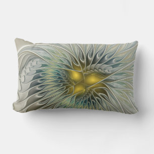 Coussin Rectangle Fantaisie de fleur argentée dorée Art fractal abst
