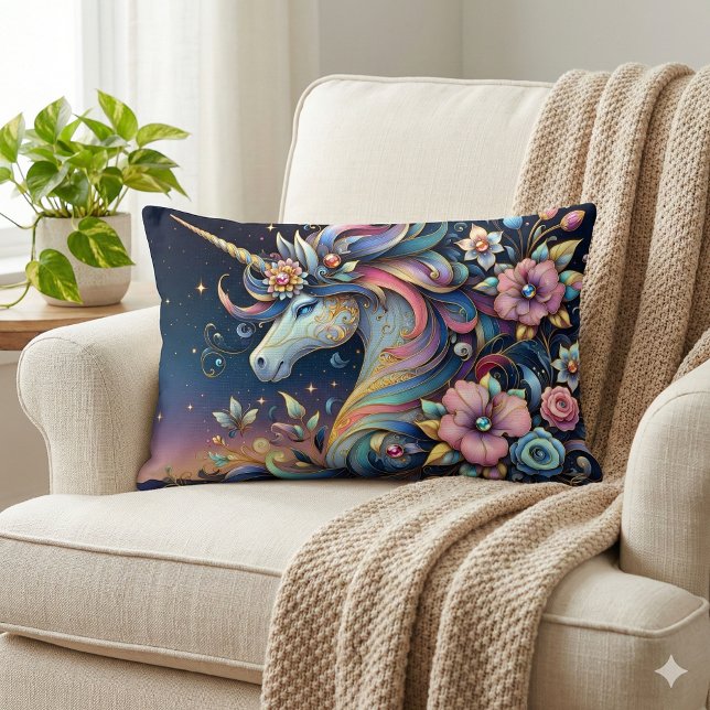 Coussin Rectangle Fantaisie de nuit de licorne florale (Floral Unicorn Night Fantasy Lumbar Pillow Mockup A)