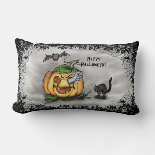 Coussin Rectangle Fantôme, chauve-souris et chat, Bonne Halloween ! (Recto)