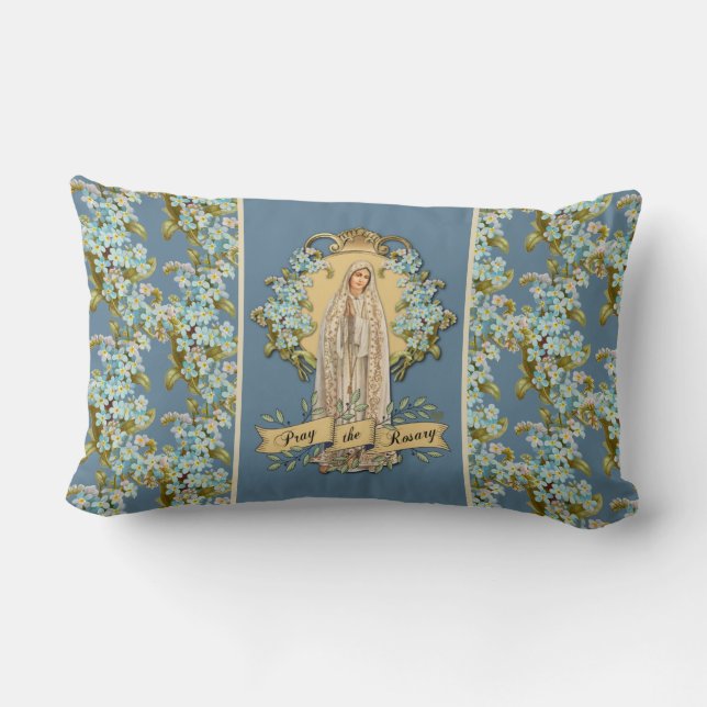 Coussin Rectangle Fatima Vierge Marie Bleu Rosaire Floral (Verso)