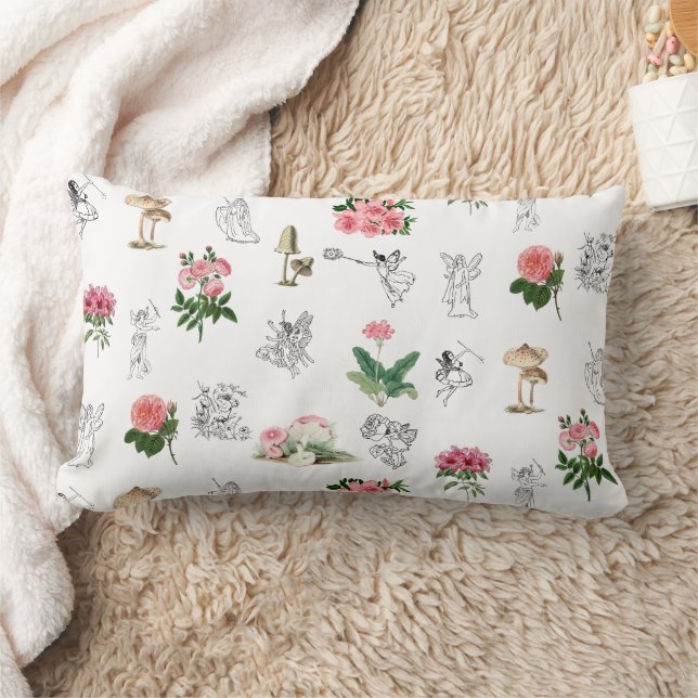 Coussin Rectangle Fées Rose Floral & Champignons Motif de fées (Couverture)