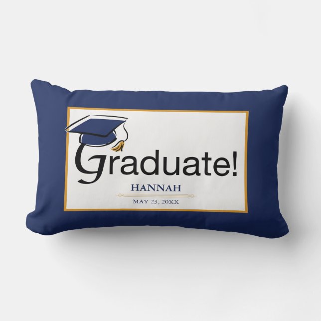 Coussin Rectangle Félicitations Diplômé, Casquette, Tassel, Bleu, Or (Recto)