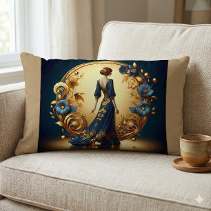 Coussin Rectangle Femme élégante Art Déco en or et bleu