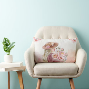 Coussin Rectangle Femme Élégante avec Pivoines Impression d'Art Aqua