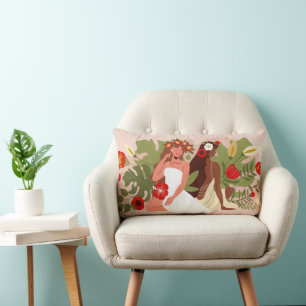 Coussin Rectangle Femmes Amis Soeurs, Fleurs Rouges & Feuille Tropic