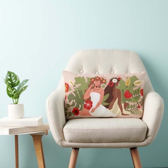 Coussin Rectangle Femmes Amis Soeurs, Fleurs Rouges & Feuille Tropic (Chaise)