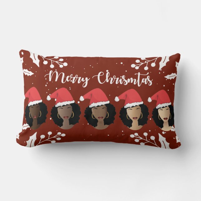 Coussin Rectangle Femmes noires, Joyeux chapeaux de Noël, Bourgogne (Recto)