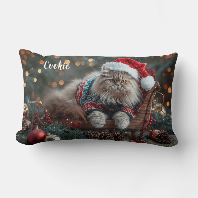 Coussin Rectangle Festif Perse Chat Noël Personnalisé (Recto)